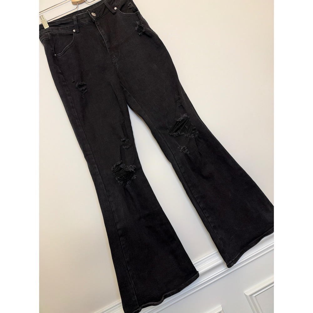Almost Famous Distressed Flare Jeans Women 5 Black High Rise Ripped Denim
